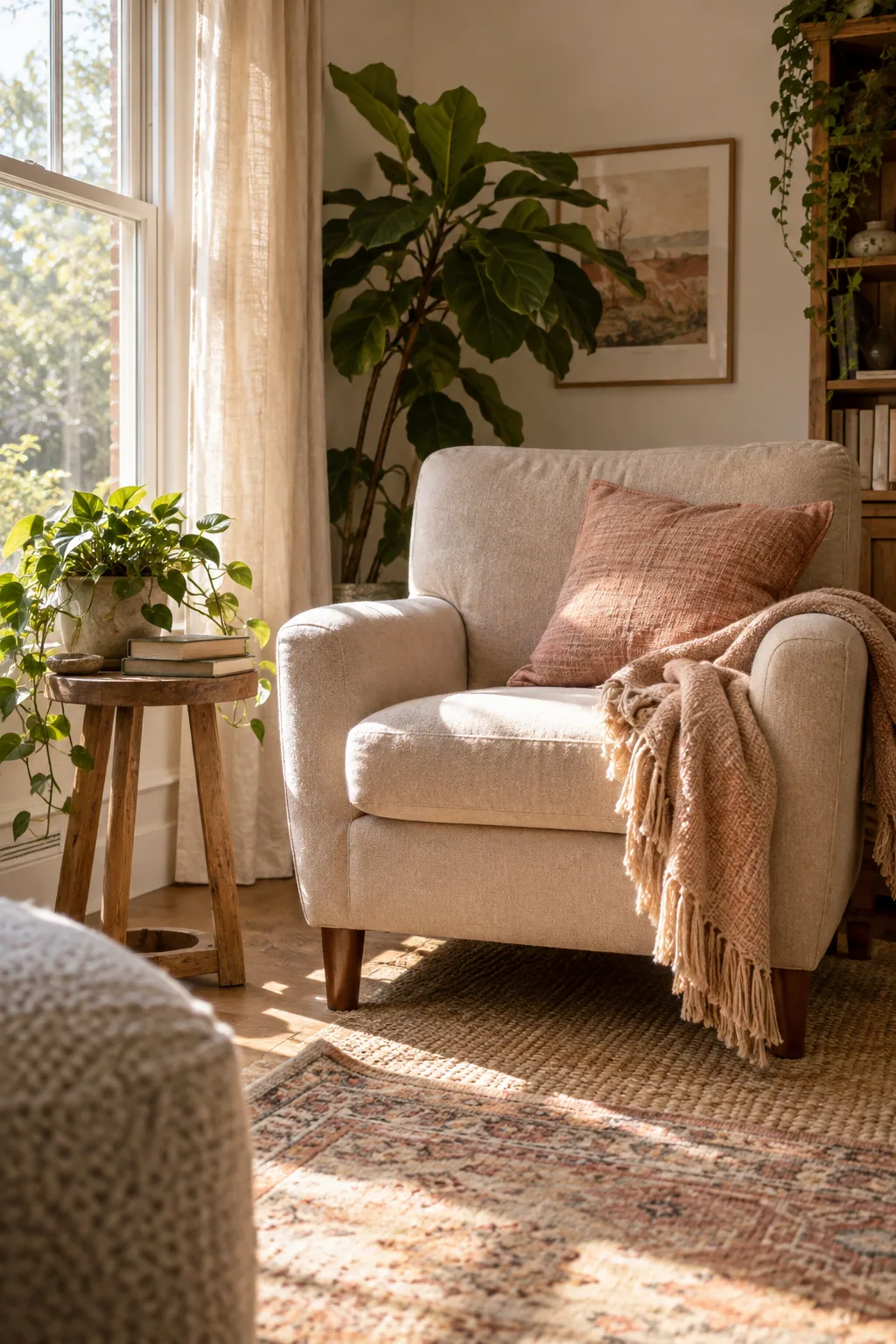A quiet chair in a warm, sunlit room