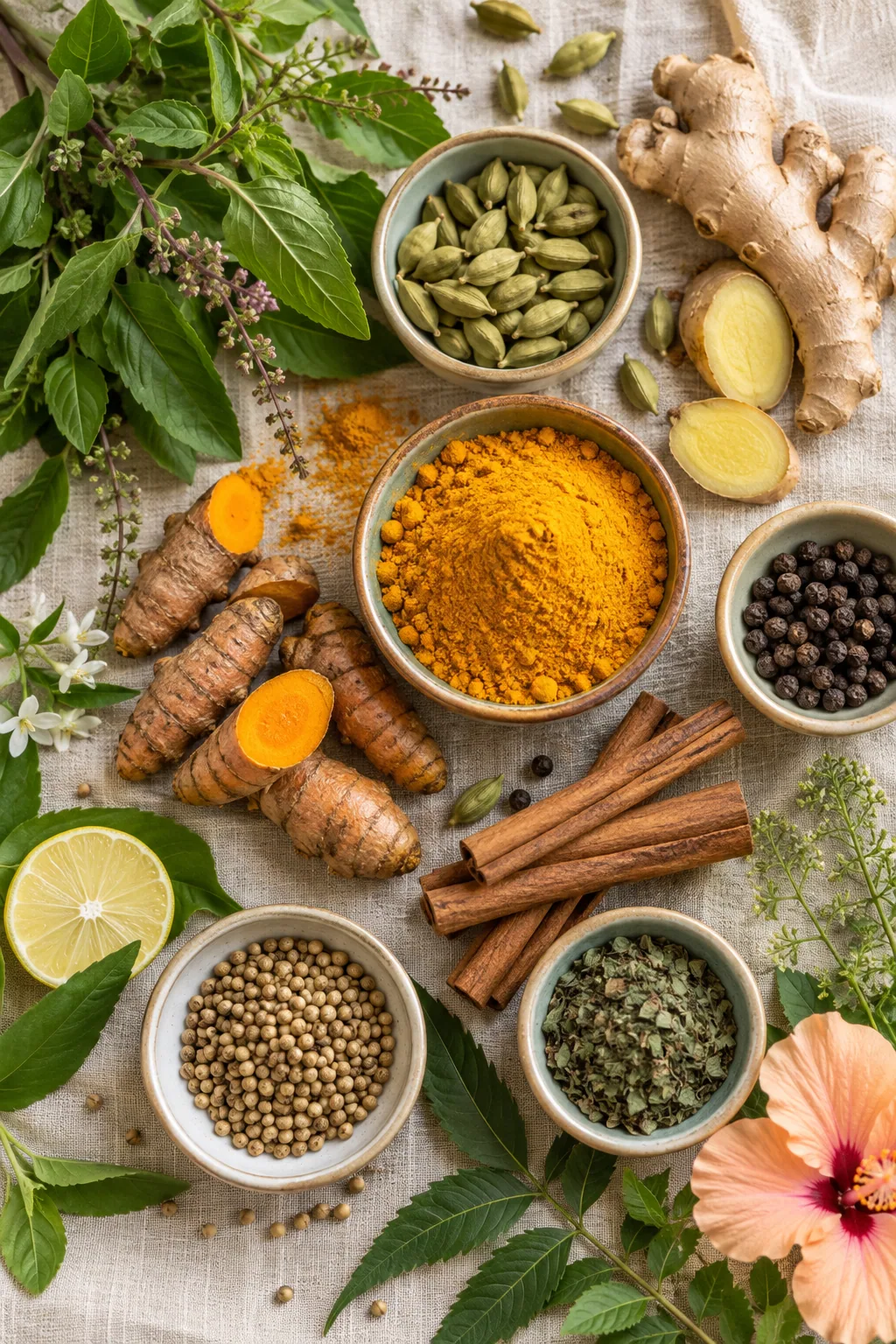 Colourful herbs, spices and botanical ingredients